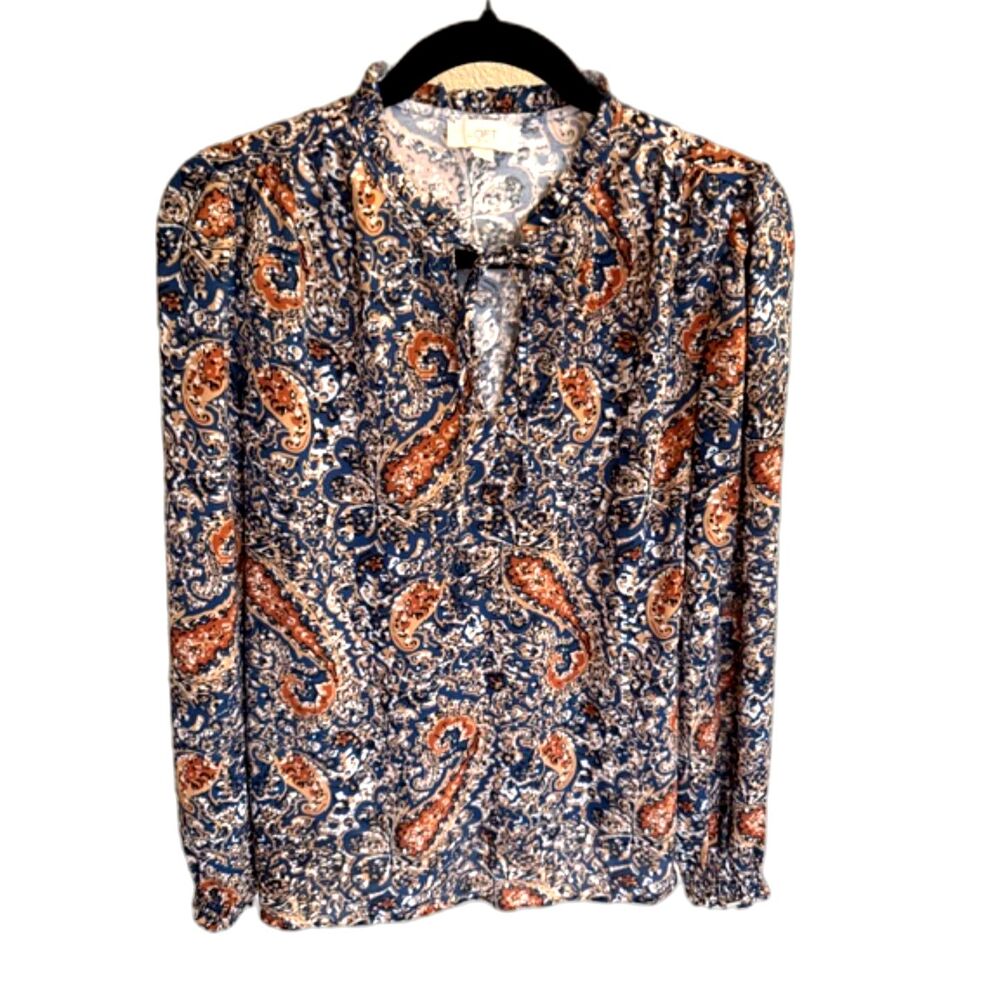 LOFT Outlet Paisley Blouse Long Sleeve Smocked Ruffle Neck Blue Brown  Small